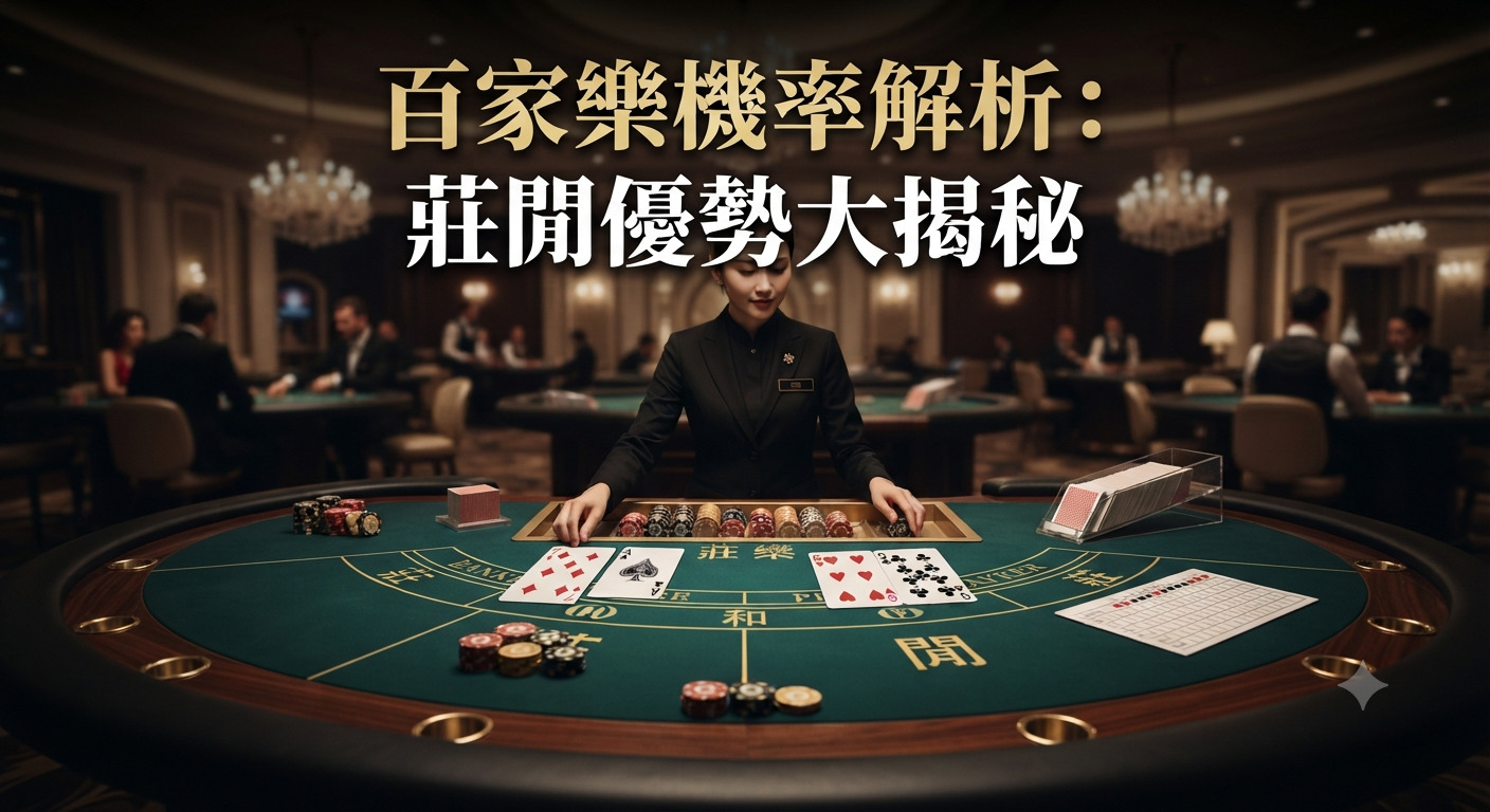 這是一張呈現百家樂賭桌場景的圖片,畫面中央有一位專業的荷官正在操作遊戲,賭桌上擺放著撲克牌與籌碼。 圖片上方以醒目的文字標題「百家樂機率解析:莊閒優勢大揭秘」作為主題,整體氛圍展現出高級賭場的專業感。