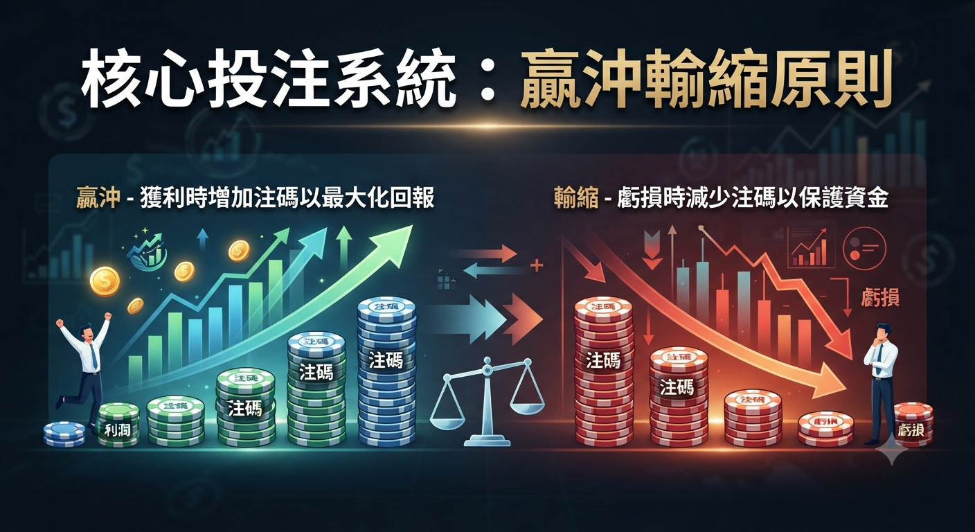這張圖表呈現了「核心投注系統:贏沖輸縮原則」,直觀對比了獲利時增加注碼以擴大優勢,以及虧損時減少注碼以保護資金的策略。 透過左右兩側的動態圖示,清晰展示了該系統在風險管理與回報最大化之間的平衡邏輯。